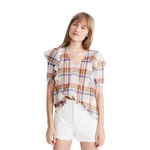 Madewell Women's short sleeve ruffle plaid blouse, Sz XS